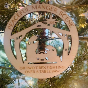 Peaceful Manger or T-Rex Ornament - Funny, Dinosaurs