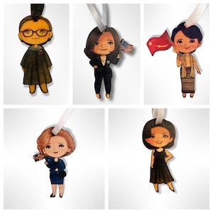 Bookmark or Ornament Set - Women in Politics - Wooden Aung San Liu Kyi, Margaret Thatcher,  RBG, Michelle Obama, Kamala Harris
