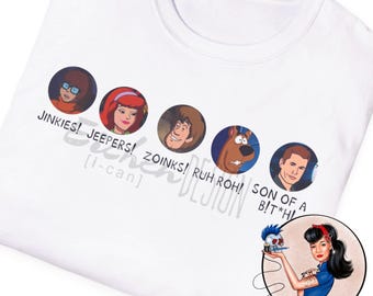 May include: White t-shirt with a graphic of the Scooby Doo characters and their catchphrases: "Jinkies!" "Jeepers!" "Zoinks!" "Ruh Roh!" and "Son of a B*tch".