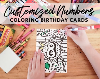 May include: A child colors a birthday card with a large number eight surrounded by confetti, balloons, and candles. The card is blank except for the black and white outline of the design. The child is using a red marker to color the balloon.