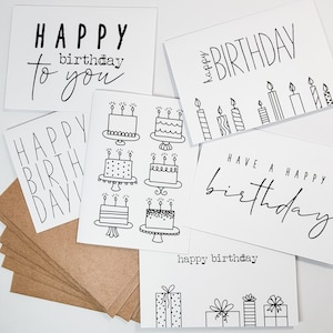 May include: A set of six blank greeting cards with black and white illustrations of cakes, candles, and gift boxes. The cards have the text "Happy birthday", "Happy birthday to you", and "Have a happy birthday".