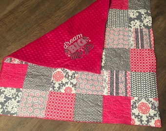 Baby Girl Quilt, Baby Girl Handmade Quilt, Dream Big Little Girl, Baby Quilt, Handmade Minky Quilt, Baby Shower Gift, Minky Quilt, Minky