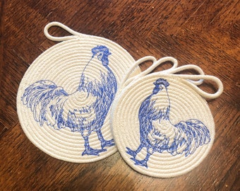 Embroidered Rope Coasters, Rope Coaster Set, Rope Coasters, Handmade Coaster Set, Coasters, Roosters Coasters, Gift for Rooster Lover