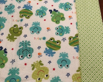 Frog Baby Blanket, Self Binding Flannel Blanket, Receiving Blanket, Baby Security Blanket, Baby Shower Gift, Flannel Blanket, Baby Blanket