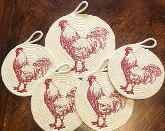Rope Coasters, Rope Coaster Set, Handmade Coasters, Coasters, Rope Coaster Set, Rooster Coaster, Rooster, Gift for Rooster Lover, Home Gift