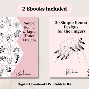 May include: Two digital ebooks with pink covers. The left cover features various black line art tattoo designs, and the right cover displays a hand with henna designs. The text reads "2 Ebooks Included", "Simple Henna & Jagua Tattoo Designs", and "20 Simple Henna Designs for the Fingers".