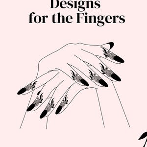 May include: Illustration of hands with henna designs on the fingers. The image features black nail polish and henna patterns on a light pink background. Text at the top reads "20 Simple Henna Designs for the Fingers". The artist's name, Rozchenna, is at the bottom.