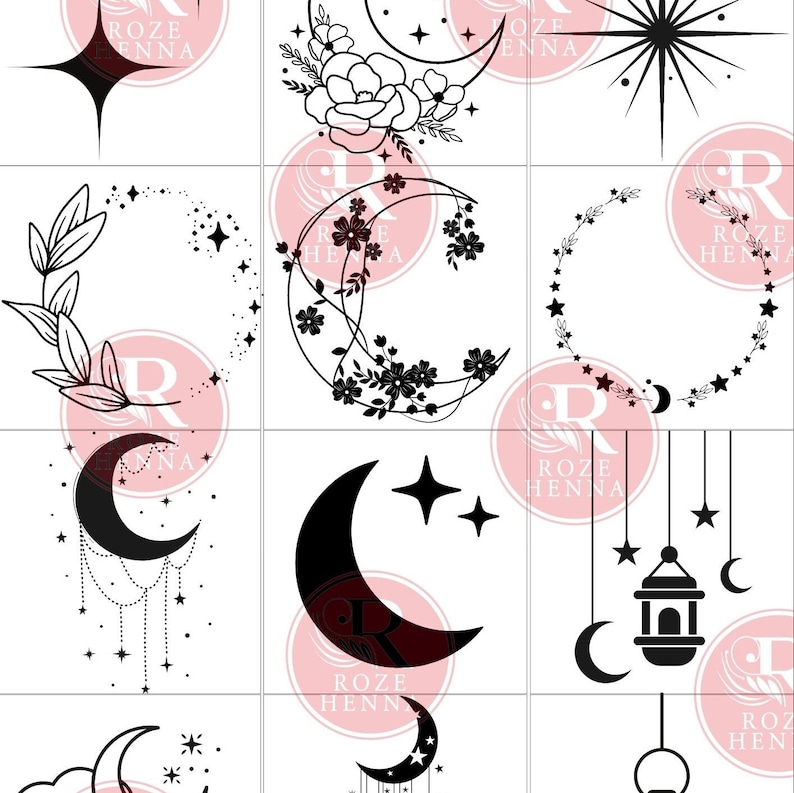 May include: A grid of black and white celestial designs. The designs include crescent moons, stars, floral arrangements, and a lantern. The designs are in a minimalist style, suitable for various craft projects.