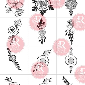 May include: A grid of black and white henna designs, including floral and leaf patterns. The designs are displayed on a white background, with the text "ROZE HENNA" in a pink circle in the background.