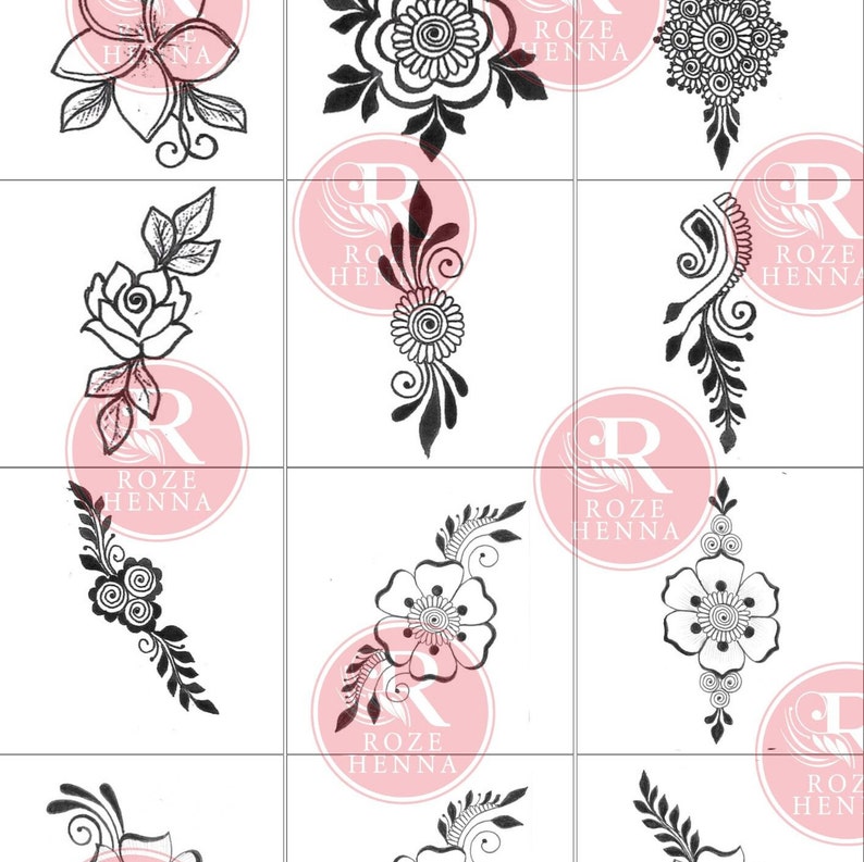 May include: A grid of black and white henna designs, including floral and leaf patterns. The designs are displayed on a white background, with the text "ROZE HENNA" in a pink circle in the background.