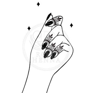 May include: Black and white line art illustration of a hand with henna-style nail art. The nails are painted black with decorative designs. The image includes the text "RO HENNA" in a circular design.