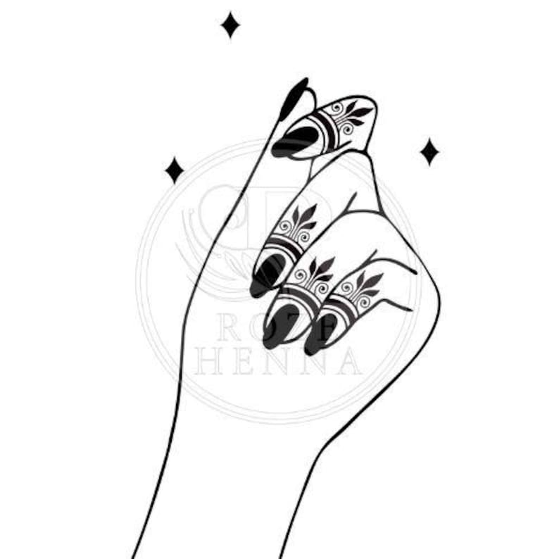 May include: Black and white line art illustration of a hand with henna-style nail art. The nails are painted black with decorative designs. The image includes the text "RO HENNA" in a circular design.