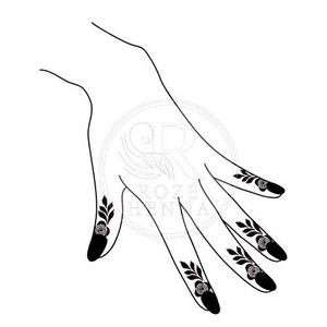 May include: A black and white illustration of a hand with henna designs. The fingertips are painted black, and each finger features a floral and leaf design. The text "ROZE HENNA" is visible in the background.