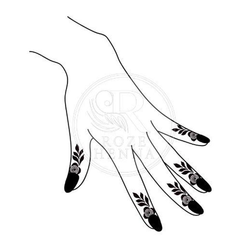 May include: A black and white illustration of a hand with henna designs. The fingertips are painted black, and each finger features a floral and leaf design. The text "ROZE HENNA" is visible in the background.