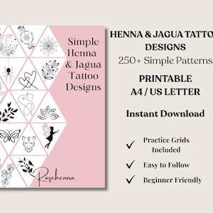May include: A pink and white printable design featuring simple henna and jagua tattoo designs. The design includes various patterns, including flowers, butterflies, and geometric shapes. Text on the design reads "Henna & Jagua Tattoo Designs" and "Instant Download."
