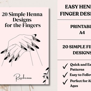 May include: A printable A4 sheet with 20 simple henna finger designs. The cover features a hand illustration with henna designs on the nails. Text includes "Easy Henna Finger Designs", "Quick and Easy Patterns", and "Perfect for All Ages".