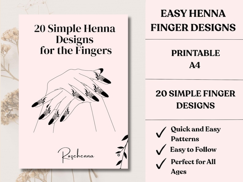 May include: A printable A4 sheet with 20 simple henna finger designs. The cover features a hand illustration with henna designs on the nails. Text includes "Easy Henna Finger Designs", "Quick and Easy Patterns", and "Perfect for All Ages".