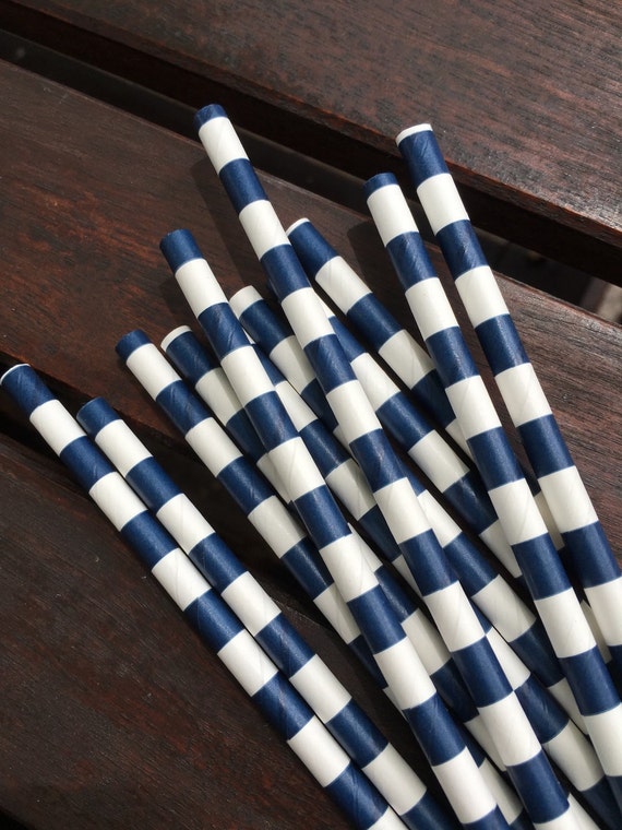 Navy Stripe Paper Straw Set of 10 Etsy