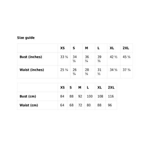 May include: Size chart for clothing in inches and centimetres. The chart shows sizes XS through 2XL with measurements for bust and waist.