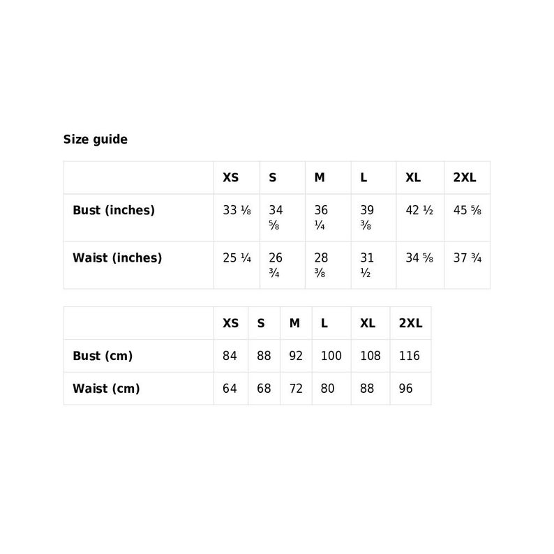 May include: Size chart for clothing in inches and centimetres. The chart shows sizes XS through 2XL with measurements for bust and waist.