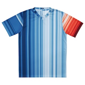 May include: A blue and red striped short-sleeved shirt with a v-neck collar.