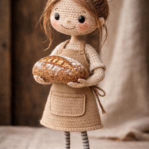 Puede incluir: Muñeca de ganchillo con un delantal beige y sosteniendo una hogaza de pan. La muñeca tiene el pelo castaño recogido en un moño y mejillas rosadas. El pan está espolvoreado con polvo blanco. La muñeca lleva mallas a rayas y zapatos marrones.