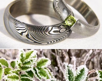 Airfrogreenes ペアダマスカス鋼結婚指輪 3mmペリドット/オリビン/ハンドメイドダマスカス鋼結婚指輪/ユニークでオリジナルな指輪