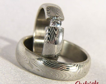 Airfris ペア ダマスカス 結婚指輪 ジルコン付き/ダマスカス/手作り/スチール不要/手作り/ユニークでオリジナル/
