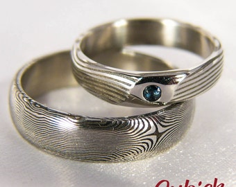 Origistris pair damascus wedding rings with sapphire/damasteel wedding rings/unique originale/custom fitting/hand crafted/marriage ring
