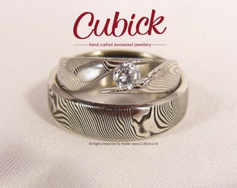 Austerir - PAIR of damasteel wedding ring with artificial diamond