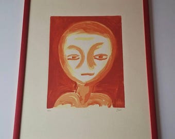 VIRGILIO GUIDI Gran cabeza pelirroja Serigrafía vintage Firmada a mano con certificado de autenticidad