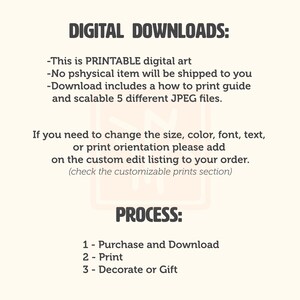 May include: A cream-coloured digital art print with black text. The text reads "DIGITAL DOWNLOADS" and details about printable art, including file types and customisation options. Instructions for the process of purchasing, printing, and decorating are also included.
