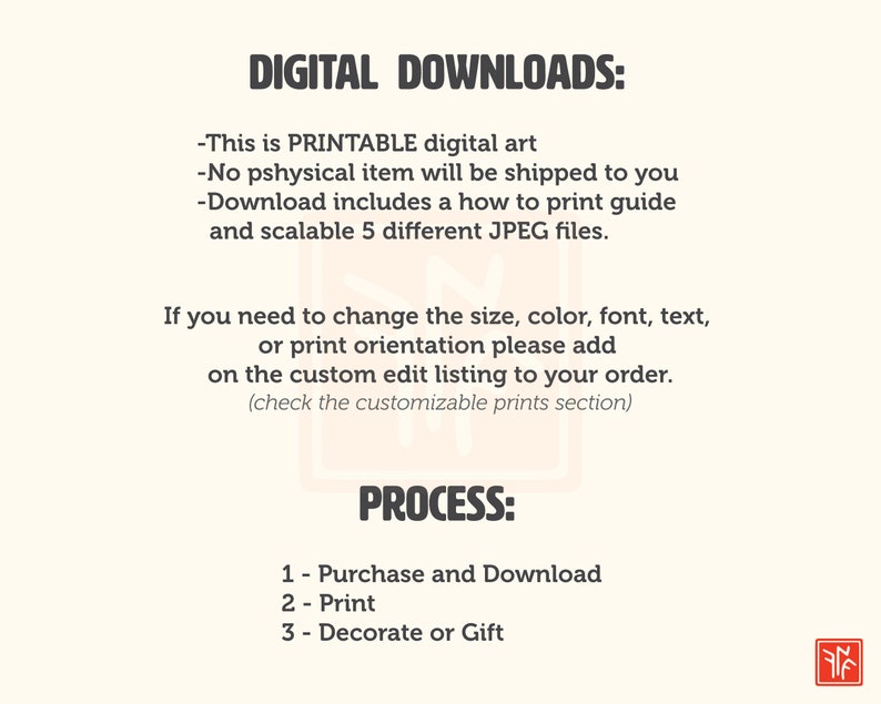 May include: A cream-coloured digital art print with black text. The text reads "DIGITAL DOWNLOADS" and details about printable art, including file types and customisation options. Instructions for the process of purchasing, printing, and decorating are also included.