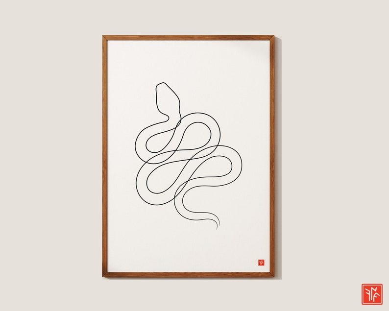 May include: A framed art print with a minimalist black line drawing of a snake on a white backdrop. The artwork is presented within a brown wooden frame, offering a contemporary and stylish look. Ideal for interior decoration, this print adds a touch of sophistication.