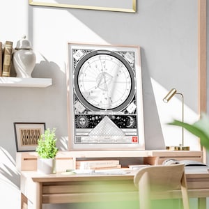 May include: A framed black and white print featuring a detailed astrological chart with geometric shapes, sun, moon, and pyramid illustrations. The print is displayed on a wooden desk with a small plant, books, and a gold desk lamp. The overall aesthetic is minimalist and artistic.