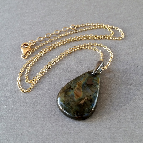 Large Spectrolite Teardrop Necklace, 14K Gold Filled Chain, Adjustable 17.5-19 In, Oxidized Sterling Silver, Mixed Metal, Flashy Labradorite