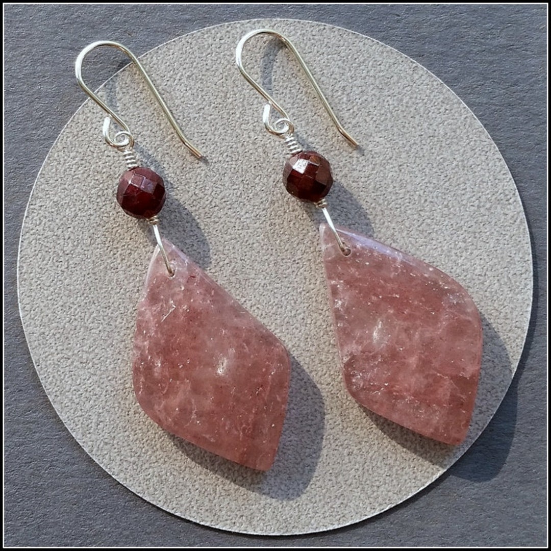 Natural Strawberry Quartz Earrings 925 Sterling Silver Wine Etsy