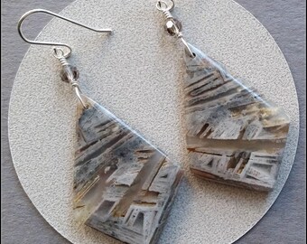 Bamboo Leaf Agate Slab Earrings, 925 Sterling Silver, Rare Earthy Natural Stone, Gray Brown Taupe, Unique Modern Gemstone, Leverback Option