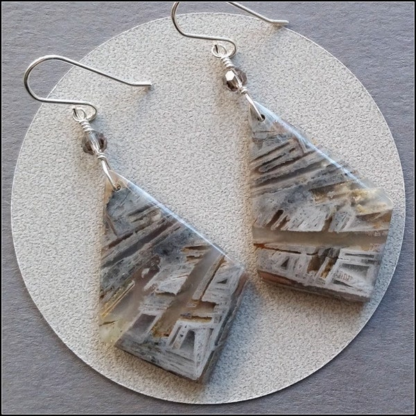 Bamboo Leaf Agate Slab Earrings, 925 Sterling Silver, Rare Earthy Natural Stone, Gray Brown Taupe, Unique Modern Gemstone, Leverback Option