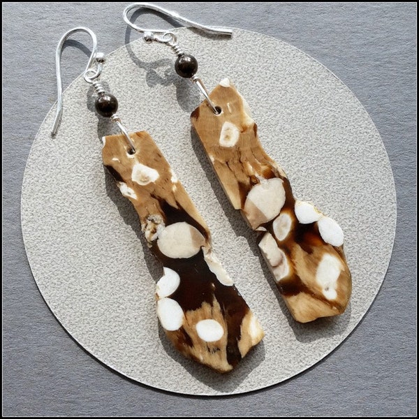 Peanut Wood Raw Slice Earrings, 925 Sterling Silver, Long Lightweight, Natural Brown Beige White, Unique Fossil Stone, Leverback Option