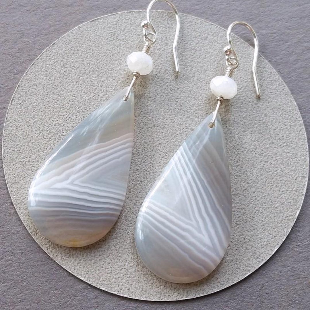 Modern Banded Agate Teardrop Earrings, 925 Sterling Silver, Natural ...