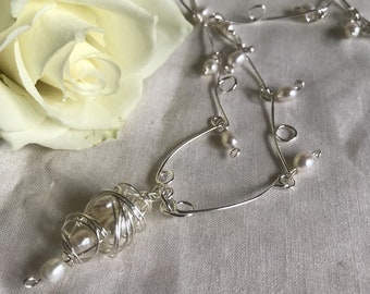 Brides necklace pearl wedding necklace for women an original design UK freshwater pearls on handmade chain and spiral feature drop bridal