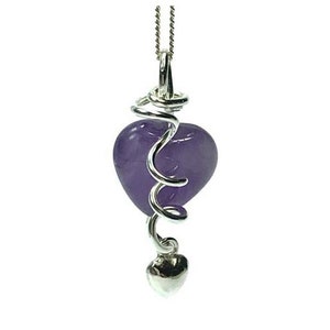 amethyst gemstone heart pendant with dangle silver heart charm
