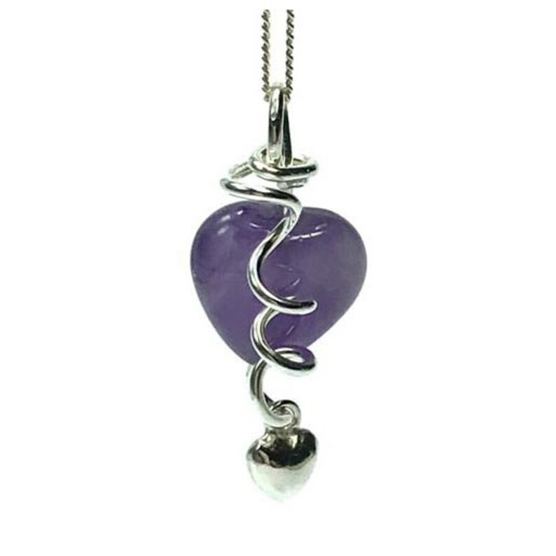 amethyst gemstone heart pendant with dangle silver heart charm