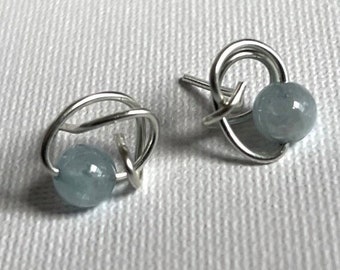 Aquamarine stud earrings elegant handcrafted sterling silver studs for women made in the UK unique design one off gift for wife, girlfriend