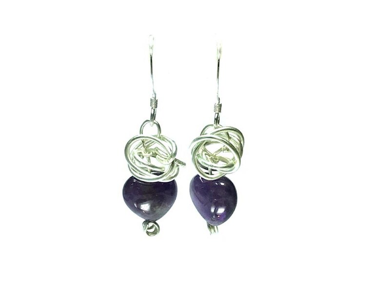 Amethyst heart shaped gemstone earrings with spiral silver wound feature drop earrings with hook fittings