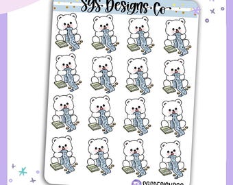 May include: A sticker sheet featuring sixteen identical illustrations of a white bear sitting and holding a long blue receipt. Each bear is positioned next to a small green calculator and several gold coins. The top header reads SGS Designs Co.
