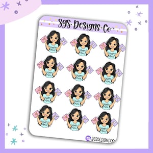 May include: Sheet of stickers featuring a cartoon woman holding pink and purple envelopes. The woman has dark hair and is wearing a light blue shirt. The text "Happy Mail" is on the shirt and envelopes. The sticker sheet has the text "SGS Designs Co."