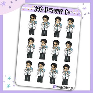 May include: Twelve illustrated stickers of a cartoon doctor wearing a white coat, black pants, and a stethoscope. The doctor has black hair, brown eyes, and glasses. The stickers are arranged in a grid of four rows and three columns.