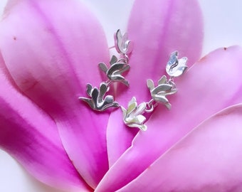 3 Magnolia Flowers Earrings in Sterling Silver for a trendy look with a floral touch jewelry